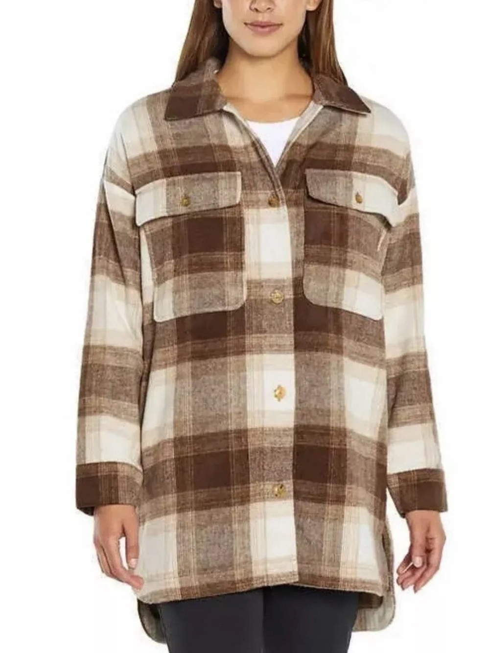 Banana Republic Plaid Oversized Front‎ Shirt Jacket Brown & Cream Size Large